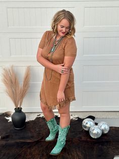 True to size with a snug fit. If between sizes I would go up. HOC AUTUMN Hoc Autumn, Suede Fringe Dress, Cowboys Boots, Fly Outfit, Sweater Blazer, Suede Dress, Kids Graphic Tees, Go Up, Swimwear Accessories