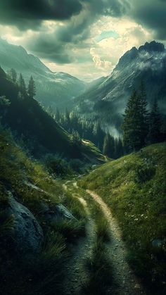 a path in the middle of a grassy field with mountains in the background and dark clouds overhead