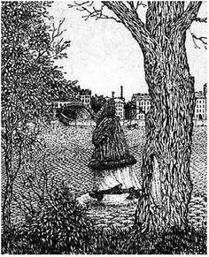 a black and white drawing of a person sitting on a bench under a tree in the park