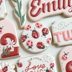 decorated cookies with ladybugs on them and the word love you written in red