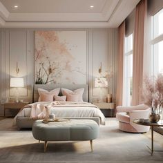 an elegant bedroom with pink and gray decor