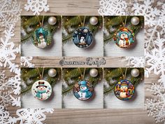 christmas ornaments with snowmen hanging from them on a wooden table surrounded by snowflakes