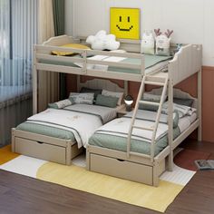 a bunk bed with two drawers underneath it and a yellow smiley face on the wall