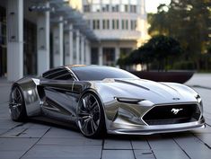 a silver sports car parked in front of a building