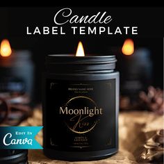 a candle that is on top of a table with candles in the background and text reading candle label template