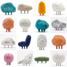 six different colored sheep sculptures sitting next to each other on top of a white surface