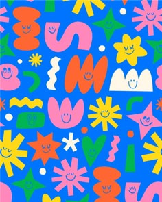 a colorful pattern with many different shapes and sizes on a blue background that includes stars, flowers, and smiling faces