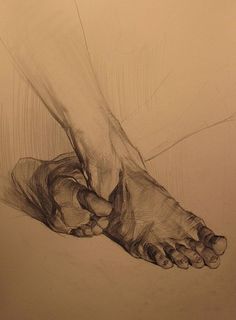 a pencil drawing of a person's foot with one hand on the ground