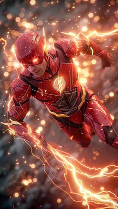 the flash man is flying through the air with his arms outstretched and glowing lights behind him