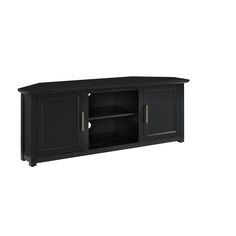 the entertainment center is black and has two doors on one side, an open shelf at the top