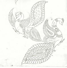 a black and white drawing of two birds with leaves on their wings, one flying in the air