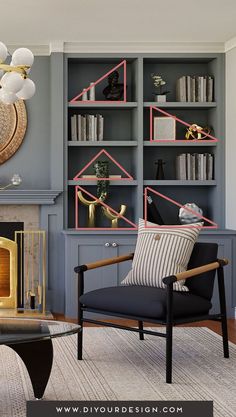 a living room filled with furniture and a fire place in front of a book shelf