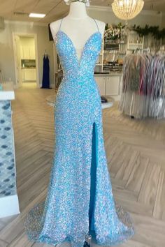 Blue Iridescent Sequin Lace-Up Long Prom Dress with Slit fg6608