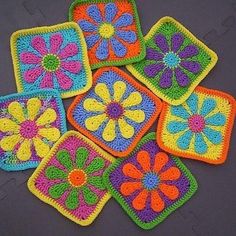 crocheted coasters with flowers on them are arranged in the shape of squares