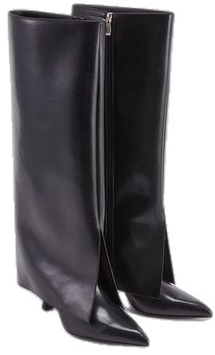 Black Pointed Toe Knee-high Boots For Work, Black Calf Leather Mid-calf Boots For Work, Chic Formal Faux Leather Mid-calf Boots, Chic Leather Mid-calf Boots With Round Toe, Sleek Leather Mid-calf Boots For Office, Sleek Leather Mid-calf Boots With Reinforced Heel, Sleek Black Mid-calf Boots With Round Toe, Sleek Leather Mid-calf Boots Medium Width, Black Leather Boots With Zipper Closure