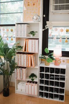 a book shelf filled with books next to a potted plant and window sill