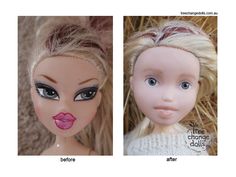 two dolls with blonde hair and blue eyes, one has pink lipstick on her lips