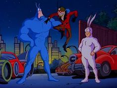 an animated scene with two men dressed as bugs and one man in bunny suit standing next to cars