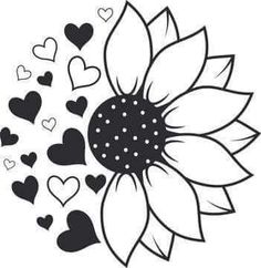 a black and white drawing of a sunflower with hearts in the shape of hearts