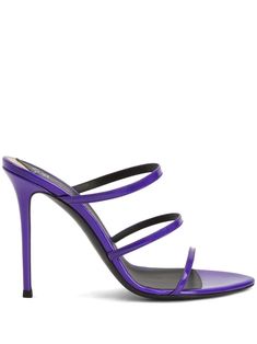 Alimha 105mm sandals from Giuseppe Zanotti featuring violet purple, leather, almond toe, branded insole, strappy design and 105mm heel. Iridescent Mirror, Purple Accessories, Giuseppe Zanotti Heels, Gorgeous Heels, Mirror Effect, Versace Outfit, Purple Shoes, Violet Purple, Purple Leather