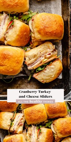 cranberry turkey and cheese sliders on a baking sheet with text overlay