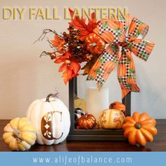 an arrangement of pumpkins and gourds with the words diy fall lantern