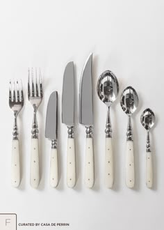 an assortment of knives, forks and spoons on a white background