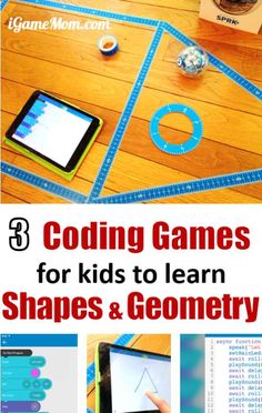 several different games for kids to learn shapes and geometrics with text overlay that reads,