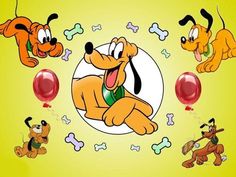 the cartoon characters are flying around with balloons and balls in front of them, including a dog