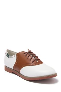 Bring preppy and chic together with a colorblocked leather saddle shoe that will instantly elevate any outfit.M=standard width White Oxford Shoes For Work, White Oxfords With Brogue Detailing For Work, White Brogue Oxfords For Work, White Wingtip Oxfords For Work, Classic Lace-up Golf Shoes, Retro Brogue Oxfords With Round Toe, Retro Oxfords With Brogue Detailing And Round Toe, Retro Low-top Oxfords With Leather Sole, Classic Golf Shoes With Leather Sole And Round Toe