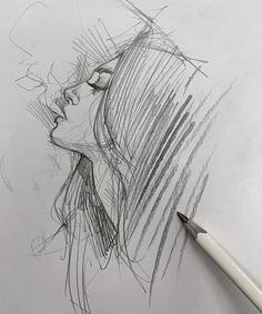 a pencil drawing of a woman's face with her eyes closed and mouth open