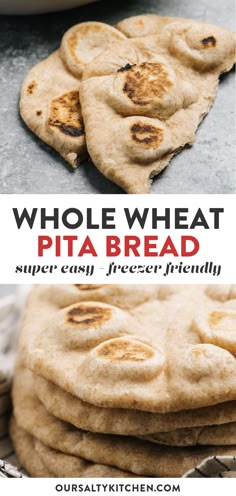 whole wheat pita bread is stacked on top of each other and ready to be eaten