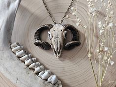 » One-of-a-kind, hand sculpted polymer clay ram skull pendant 𝗦𝗜𝗭𝗘 Pendant: 2 inches Necklace Length: 11  inches 𝗦𝗛𝗜𝗣𝗣𝗜𝗡𝗚 Necklace will be packaged in an upcyclable fabric bag, bubble wrapped, & sent in a cardboard box. ★ Small Packet™ does not come with tracking. If you would like a tracked package, select from one of the other available options. ---- Thanks for stopping by! If you have any questions, feel free to contact me through my main shop page. ★ Please read my Shop Policies Gifts For Witches, Witchy Necklace, Ram Skull, Witch Necklace, Witch Jewelry, Pagan Jewelry, Skull Jewelry, Skull Necklace, Skull Pendant