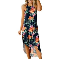 This Long Flowy Irregular Hem Maxi summer dress is perfect to dress up or down depending on your day. With all the amazing bright colors easily pair it with your heels or sandals and your favorite boho accessories. The simple design makes it easy to pair with many accessories and the a-line style give a slimming look. You'll look amazing regardless! The simple Crewneck Sleeveless Summer Dresses for Women Casual design of the Tropical Print is very versatile and fashionable. It can cover the bell Boho Print Dress, Boho Sundress, Betty Dress, Boho Midi Dress, Boho Summer Dresses, Chiffon Fashion, Camisole Dress, Sling Dress, Open Back Dresses