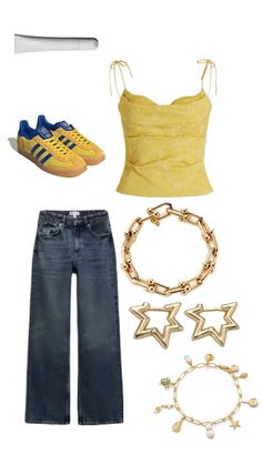 a woman's outfit including jeans, sneakers and necklaces