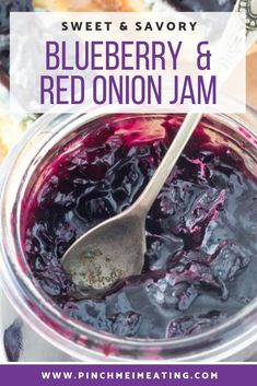 blueberry and red onion jam in a jar with a spoon