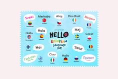 a poster with the words hello in different languages on it's blue background, which includes