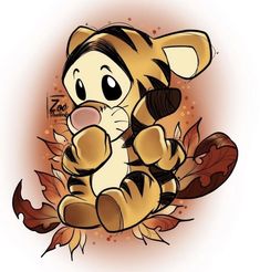 a cartoon tiger sitting on top of a pile of leaves