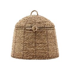 a large basket with handles and rope on the top, sitting against a white background