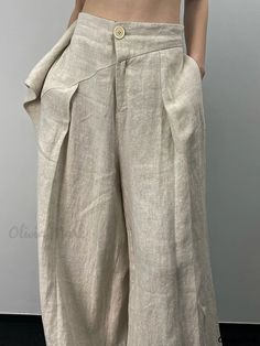 Olivia Mark - Classic Regular-Fit Cotton and Linen Blend Trousers for Casual Wear Fitted Linen Pants, Urban Shirt, Linen Wide Leg Pants, Plain Pants, Checked Blouse, Zipper Pants, Linen Blend Pants, Wide Leg Linen Pants, Loose Shirts