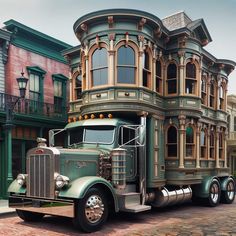 a large green truck parked in front of a building on a brick road next to tall buildings