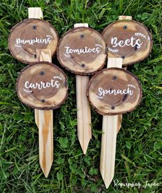 four pieces of wood with writing on them sitting in the grass next to each other