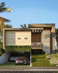 a car is parked in front of a modern house with grass and palm trees on the side