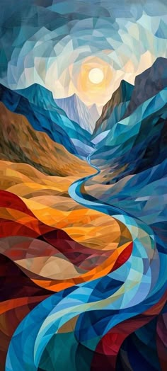 an abstract painting with mountains and water in the background