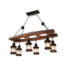 a wooden light fixture with five lights hanging from it