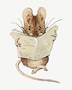 a drawing of a mouse reading a book