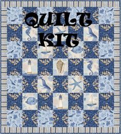 quilt kit with the words quilt kits written in black and white letters on a blue checkerboard background