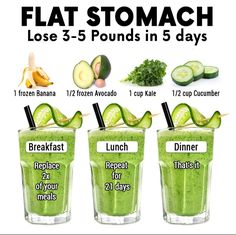 three glasses filled with cucumber, green smoothie and other foods to eat