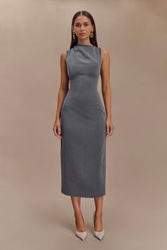 Taylor Draped Crepe Midi Dress - Charcoal Marle Formal Dress Midi, Black Jumpsuit Dress, Crepe Maxi Dress, Crepe Midi Dress, Gathered Neckline, Fall Outfits For Work, Stylish Work Outfits, Taylor Dress, Dress Satin