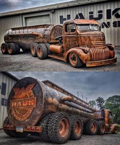 an old rusty truck is parked in front of a building